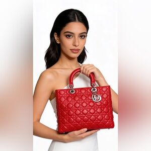 3-26 Preloved Christian Dior Lady Dior Lambskin Matte Red Large